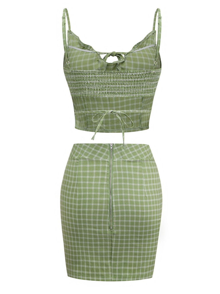 2PCS Green 1960s Plaid Camisole & Pencil Skirt