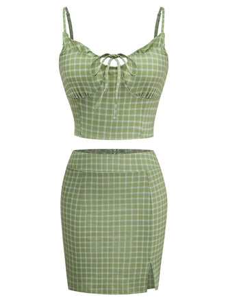 2PCS Green 1960s Plaid Camisole & Pencil Skirt