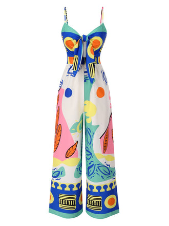 Multicolor 1930s Painting Chest Tie Jumpsuit