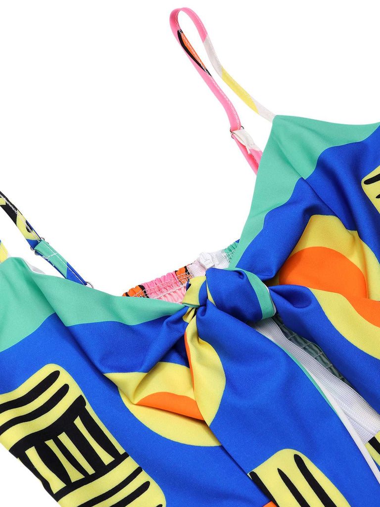 Multicolor 1930s Painting Chest Tie Jumpsuit