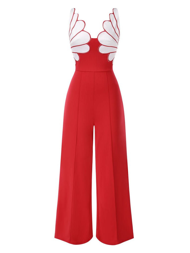 1930s Floral Patchwork V-Neck Straps Jumpsuit