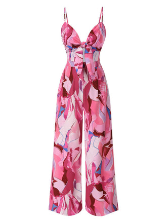 Pink 1970s Strap Psychedelic Print Front-Tie Jumpsuit