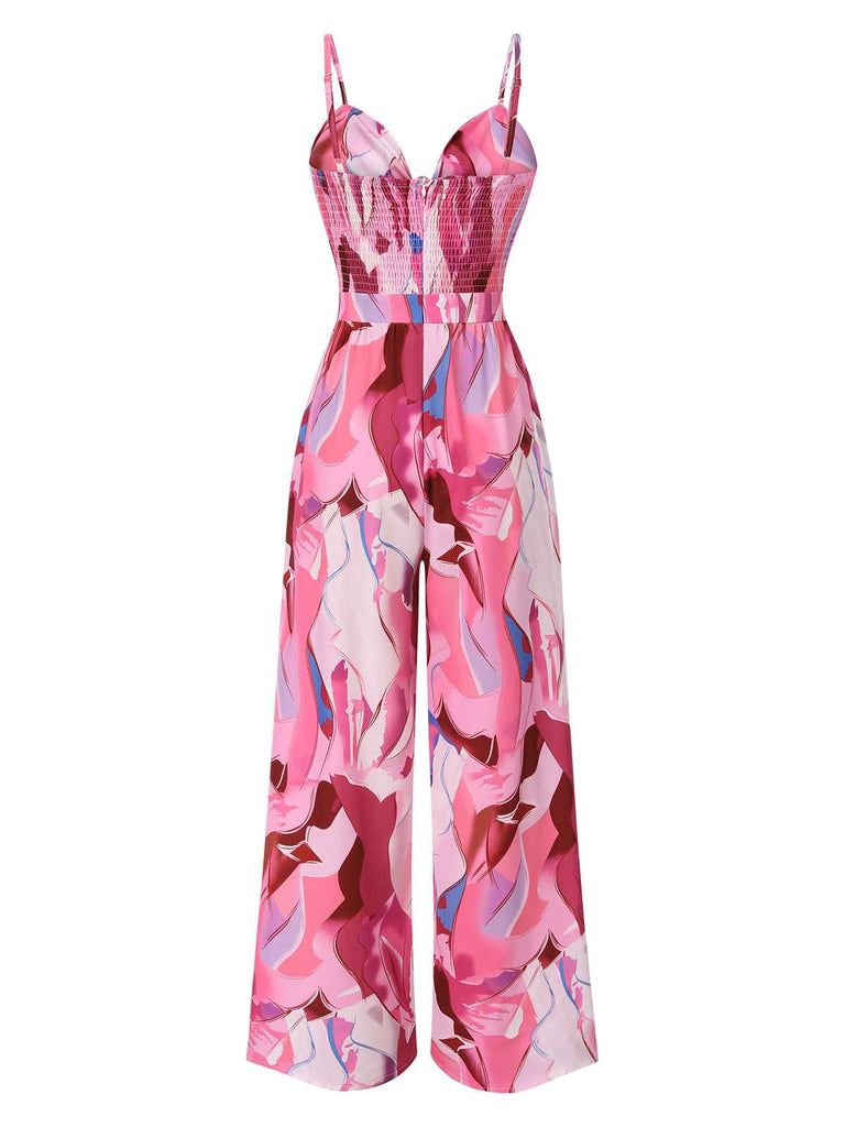 Pink 1970s Strap Psychedelic Print Front-Tie Jumpsuit