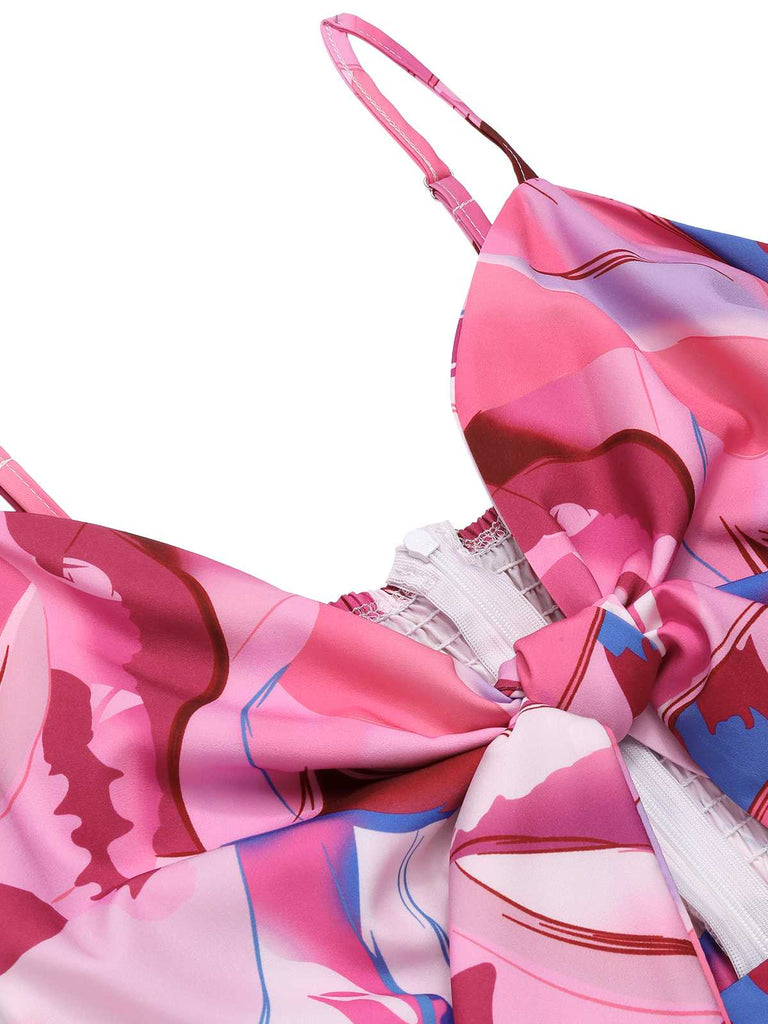 Pink 1970s Strap Psychedelic Print Front-Tie Jumpsuit