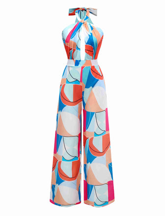 Multicolor 1960s Geometric Abstract Print Halter Jumpsuit