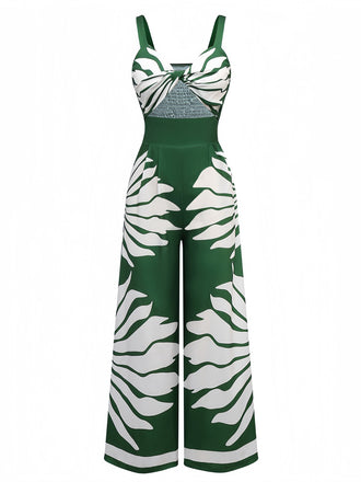 1930s Wide-Strap Hollow Twist Smocked Floral Jumpsuit