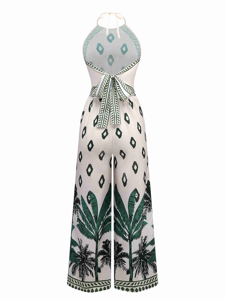 Green 1930s Palm Trees Halter Jumpsuit