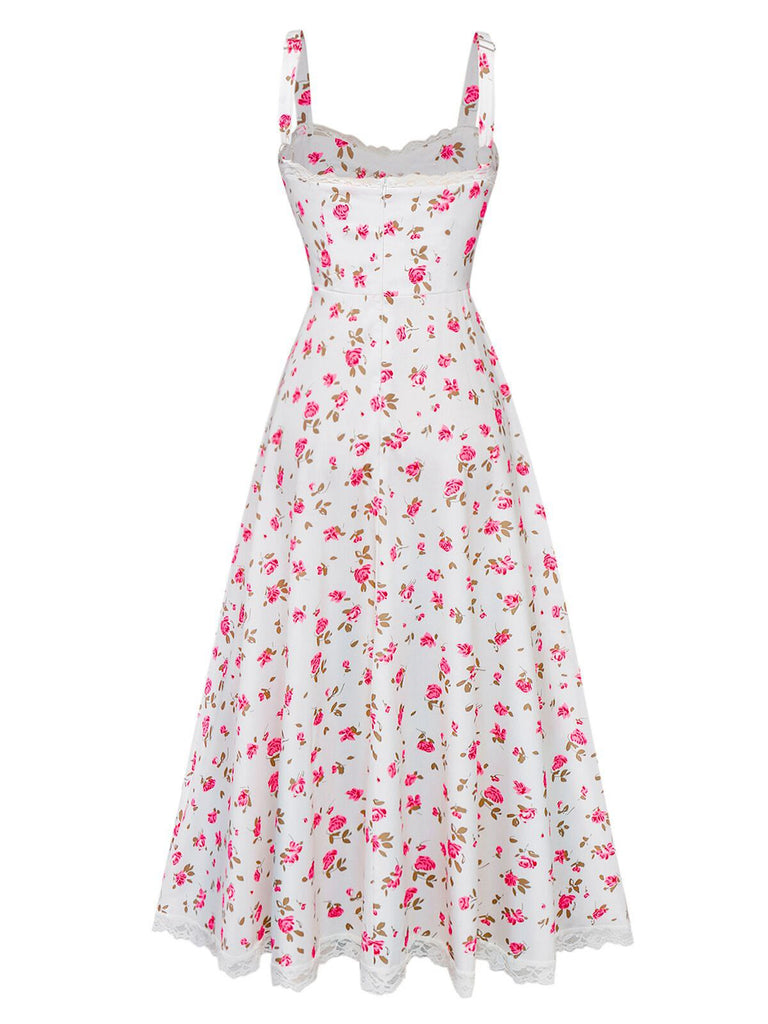 Pink 1940s Rose Strap Lace Patchwork Dress