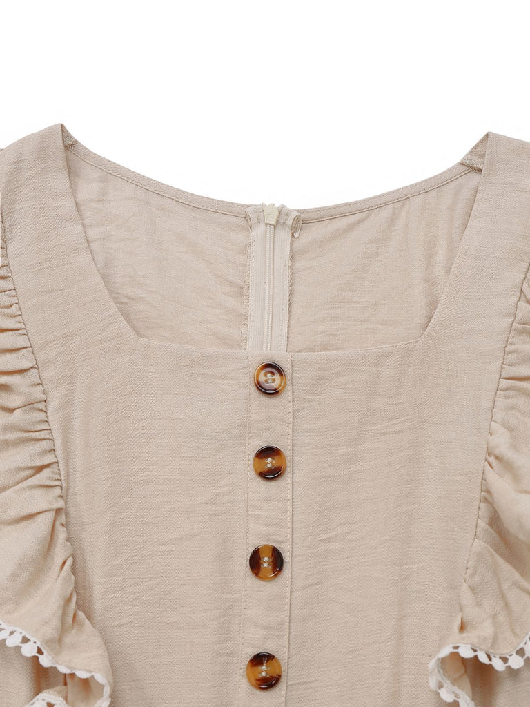 Beige 1950s Solid Ruffled Cap Sleeves Jumpsuit