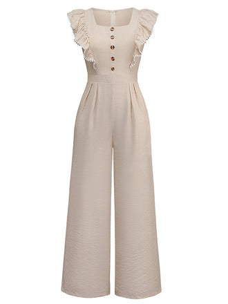 Beige 1950s Solid Ruffled Cap Sleeves Jumpsuit