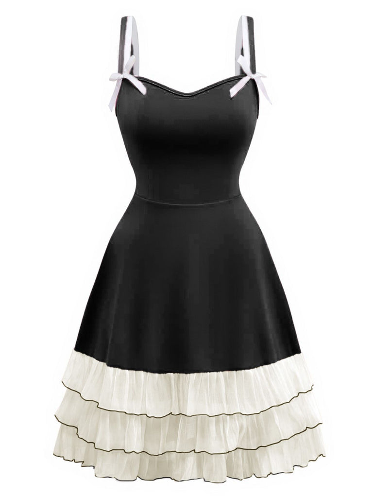1950s Layered Hem Contrast Bow Strap Dress