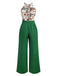 2PCS Green 1950s Tropical Plants Halter Top & Textured Pants