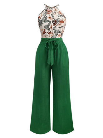 2PCS Green 1950s Tropical Plants Halter Top & Textured Pants