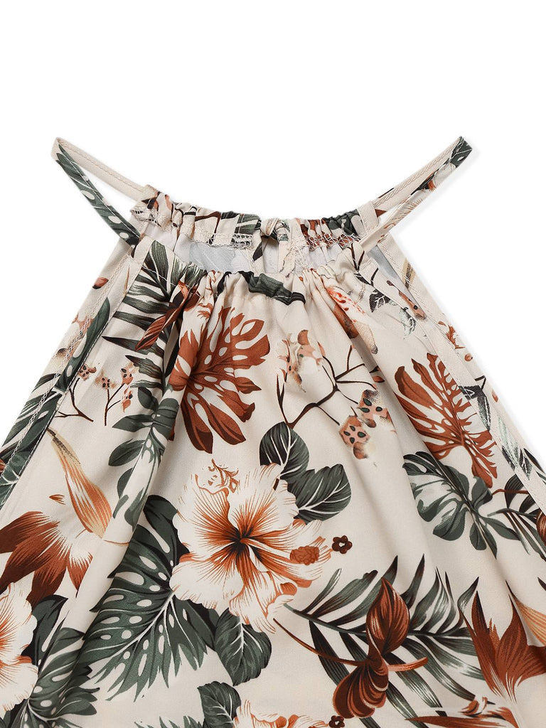 2PCS Green 1950s Tropical Plants Halter Top & Textured Pants