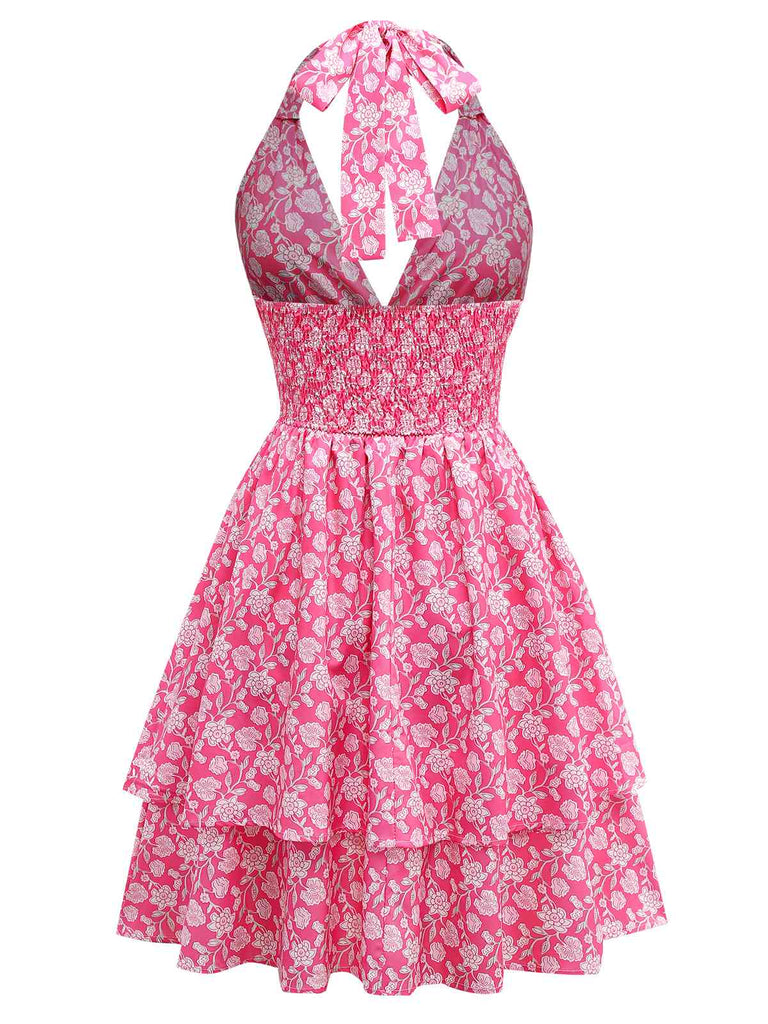 Peach Pink 1960s Smocked Floral Halter Dress