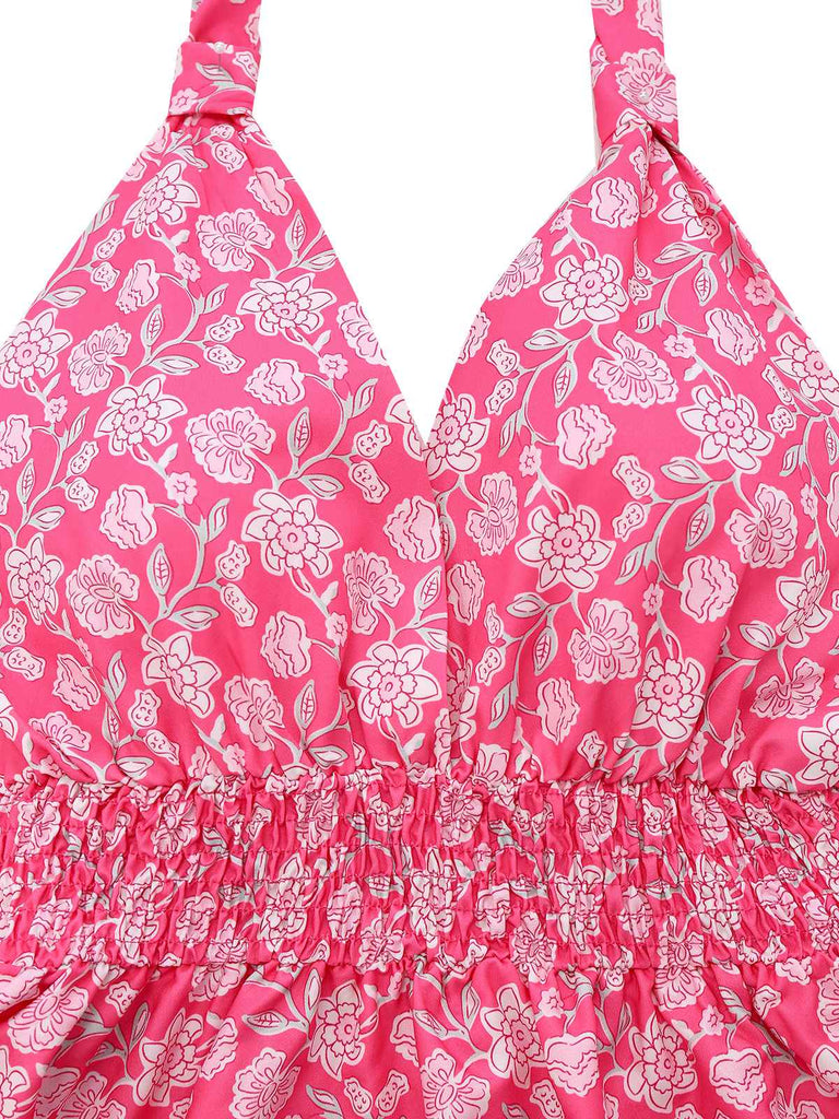 Peach Pink 1960s Smocked Floral Halter Dress
