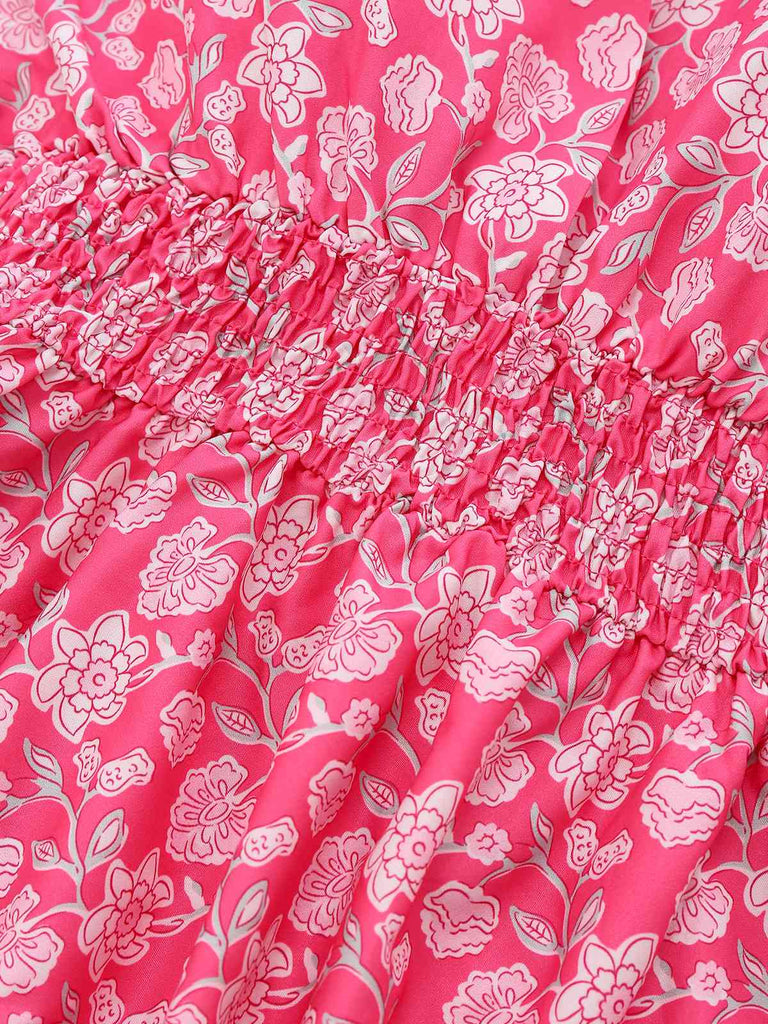 Peach Pink 1960s Smocked Floral Halter Dress