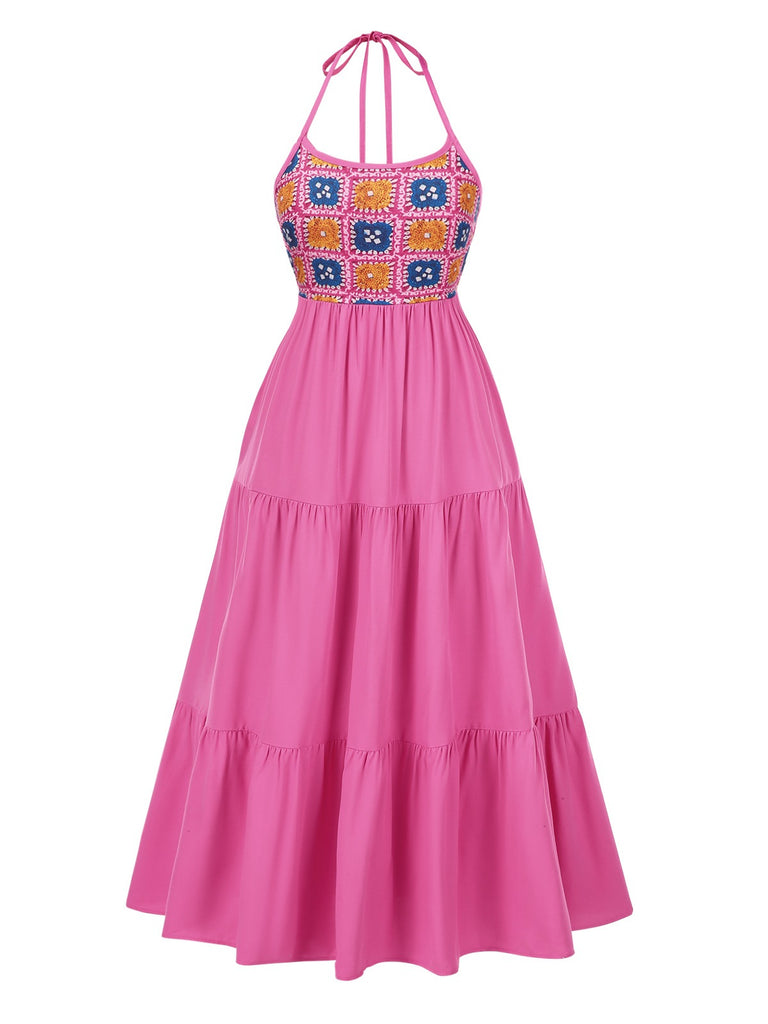 Rose Red 1970s Halter Plaids Floral Dress