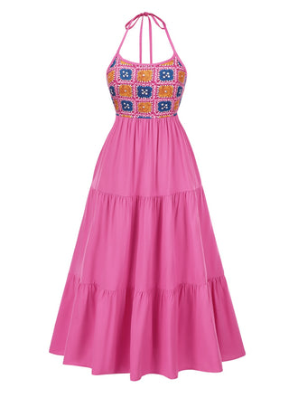 Rose Red 1970s Halter Plaids Floral Dress