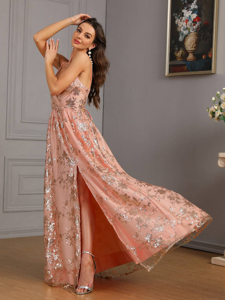 Pink 1930s Sequined Floral Mesh High Slit Dress