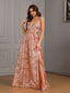 Pink 1930s Sequined Floral Mesh High Slit Dress