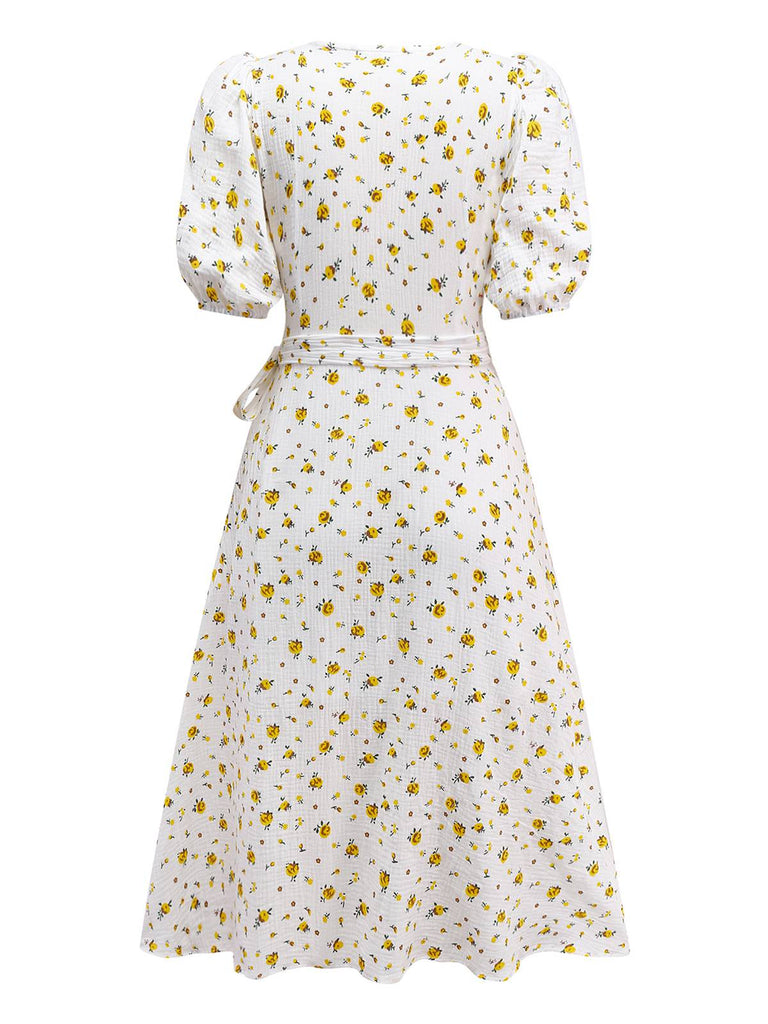 White 1940s Ditsy Floral Cotton Wrap Dress