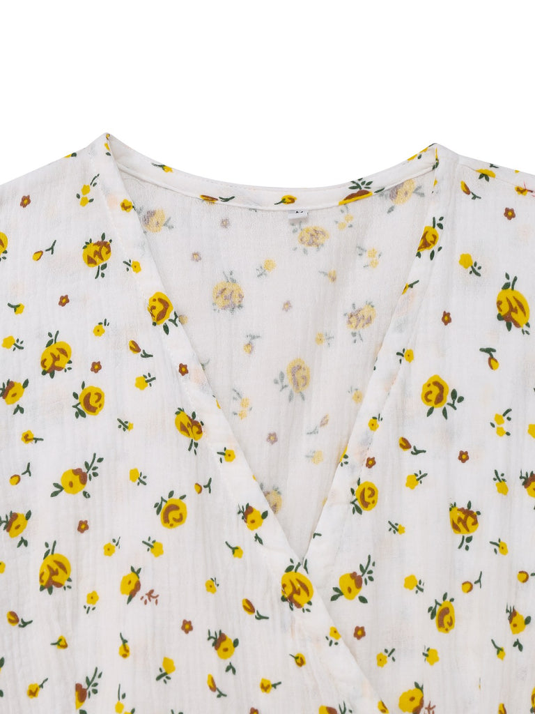 White 1940s Ditsy Floral Cotton Wrap Dress