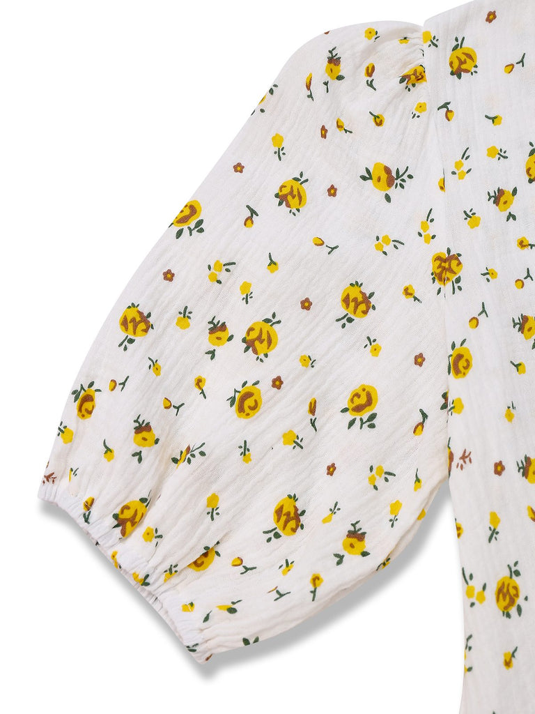 White 1940s Ditsy Floral Cotton Wrap Dress