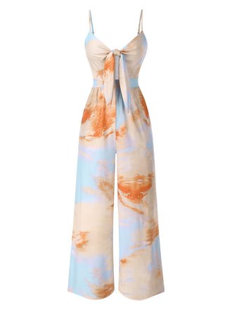 Multicolor 1930s Suspender Lace-up Ruched Jumpsuit