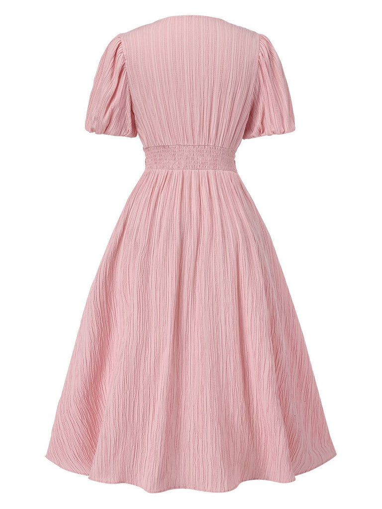 Pink 1950s Pinstripe V-Neck Puff Sleeves Ruched Dress