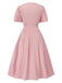 Pink 1950s Pinstripe V-Neck Puff Sleeves Ruched Dress