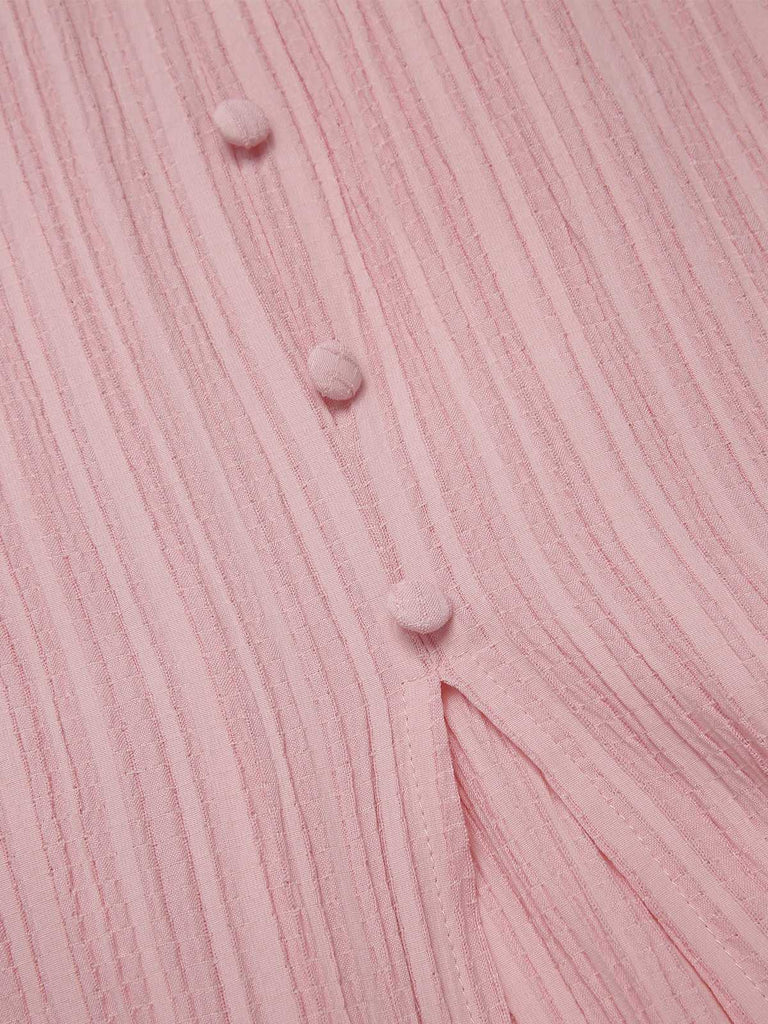 Pink 1950s Pinstripe V-Neck Puff Sleeves Ruched Dress