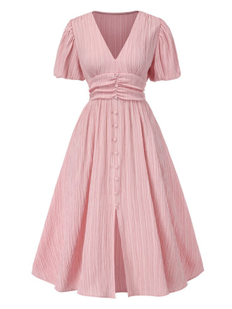 Pink 1950s Pinstripe V-Neck Puff Sleeves Ruched Dress