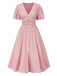 Pink 1950s Pinstripe V-Neck Puff Sleeves Ruched Dress