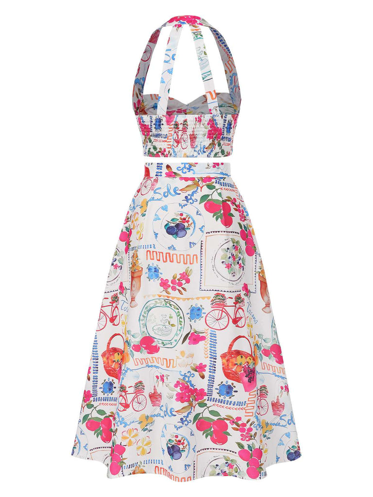 2PCS 1950s All-Over Stamps Crop Top & Skirt