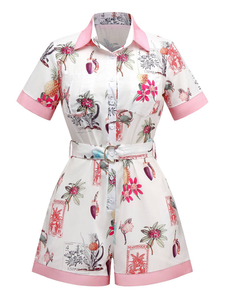 Pink 1950s Pineapple Flower Belted Lapel Romper