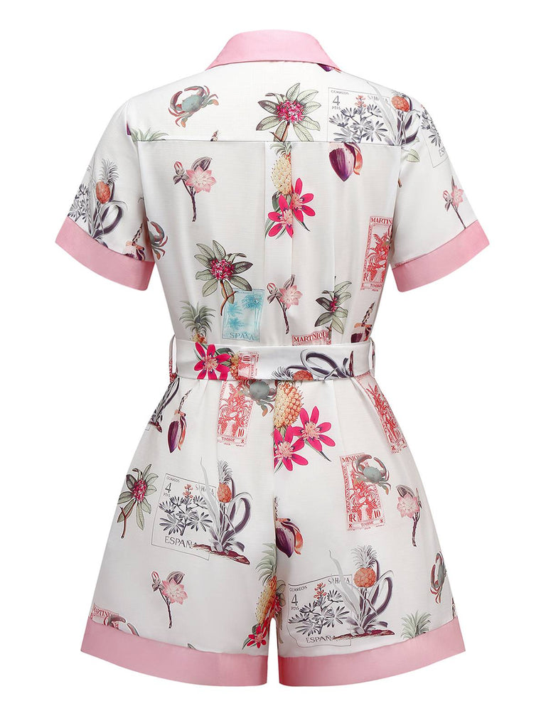 Pink 1950s Pineapple Flower Belted Lapel Romper