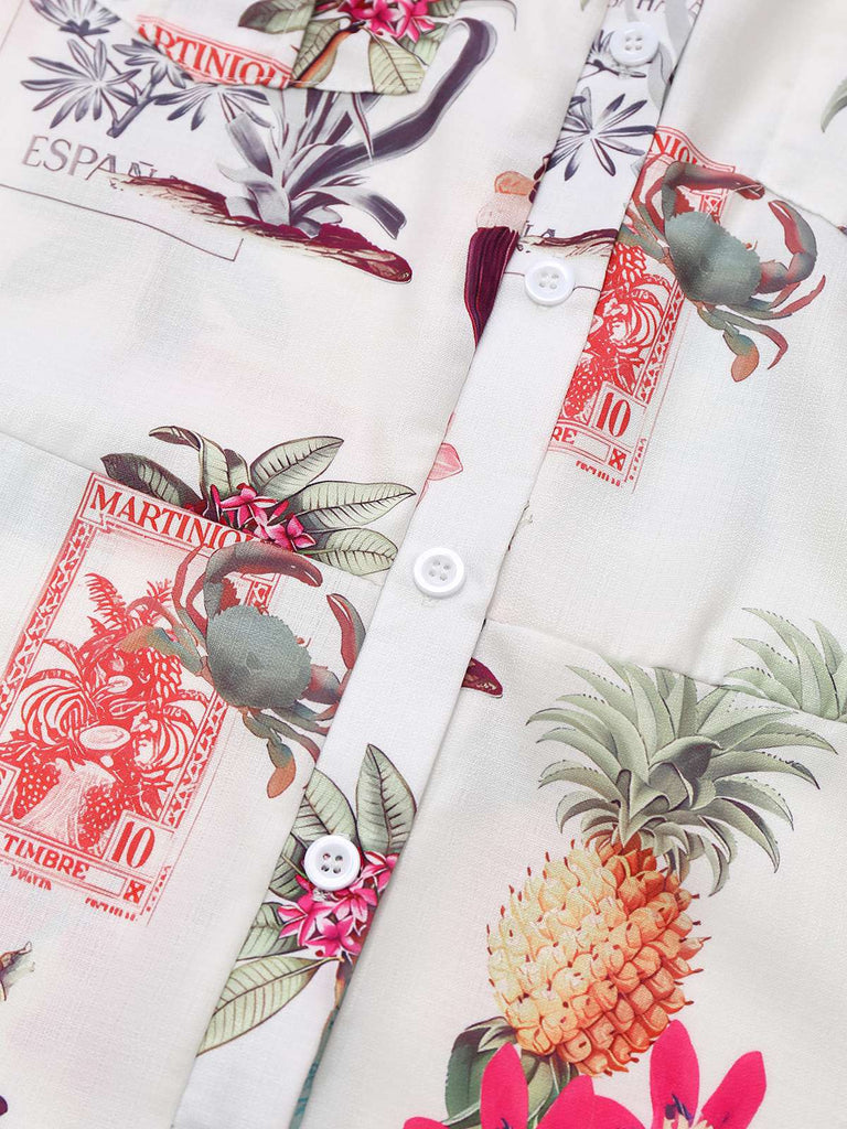 Pink 1950s Pineapple Flower Belted Lapel Romper