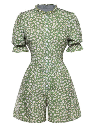 1940s Daisy Pleats Collar Puff Sleeves Romper