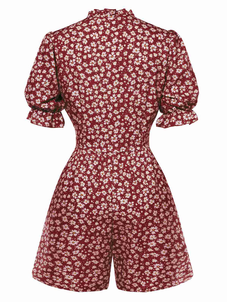 1940s Daisy Pleats Collar Puff Sleeves Romper