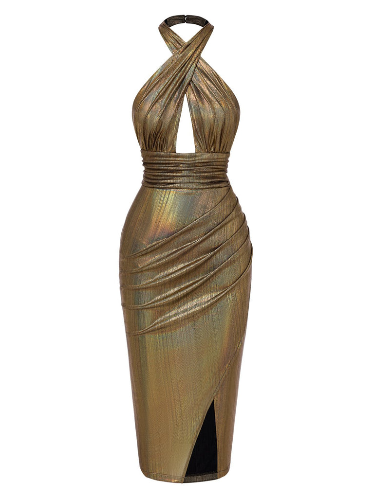 [Pre-Sale] Gold 1970s Cross Halter Glitter Bodycon Dress