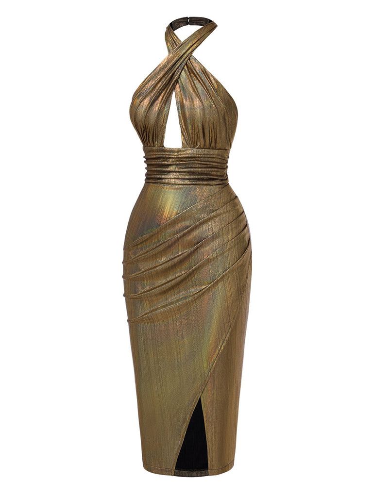 [Pre-Sale] Gold 1970s Cross Halter Glitter Bodycon Dress