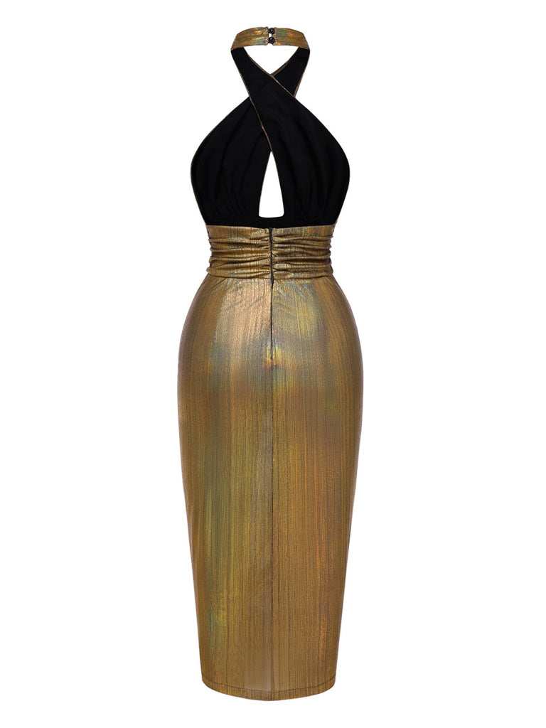 [Pre-Sale] Gold 1970s Cross Halter Glitter Bodycon Dress