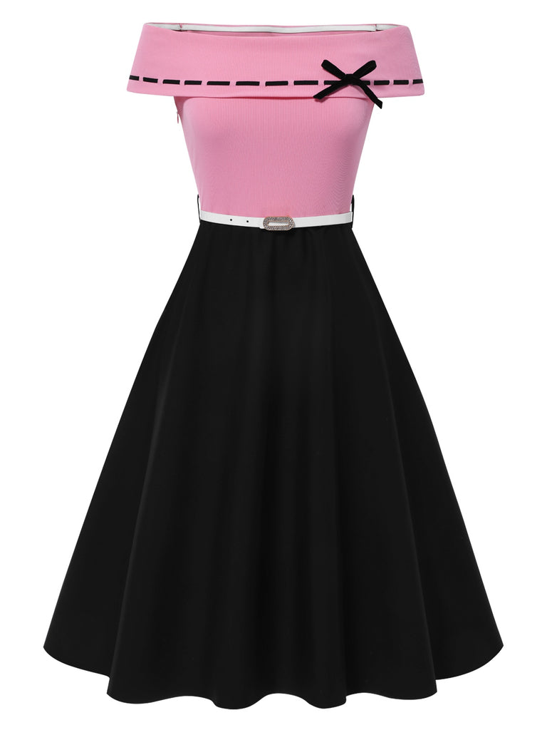 [Pre-Sale] Black & Pink 1950s Off-Shoulder Bow Patchwork Dress