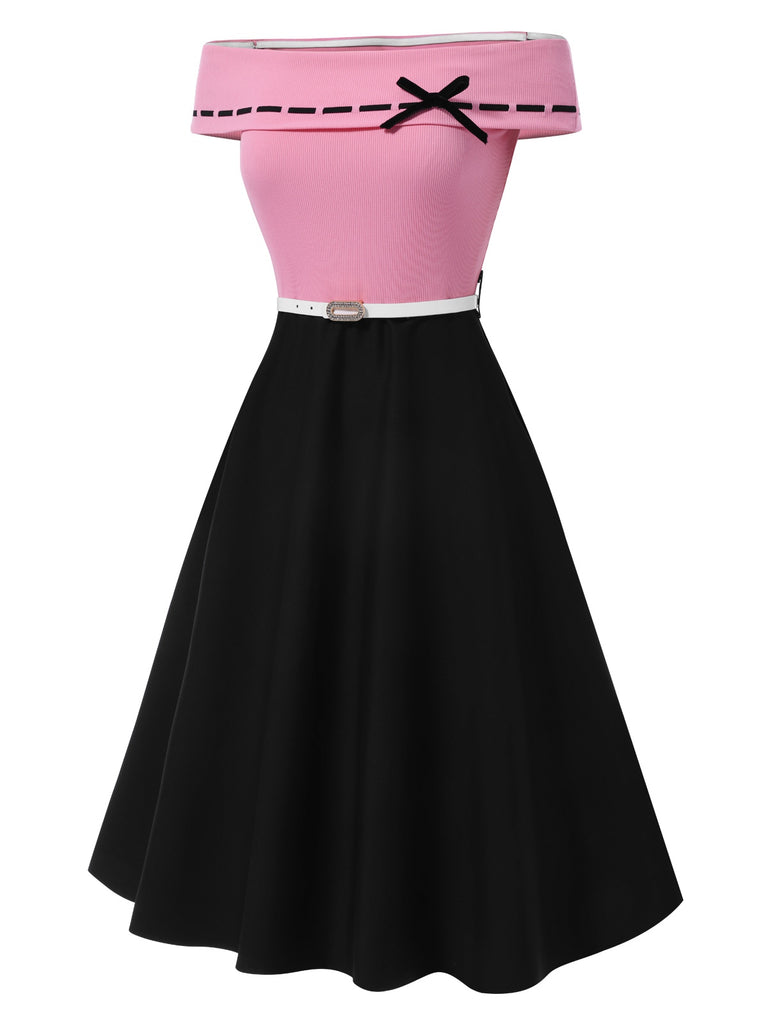 [Pre-Sale] Black & Pink 1950s Off-Shoulder Bow Patchwork Dress