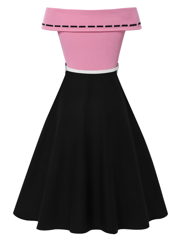 [Pre-Sale] Black & Pink 1950s Off-Shoulder Bow Patchwork Dress