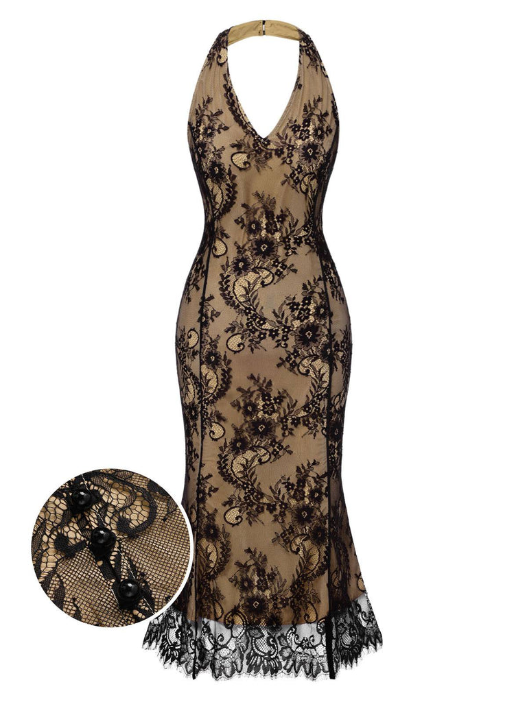 [Pre-Sale] Black 1930s Lace Embroidered Halter Backless Fishtail Dress