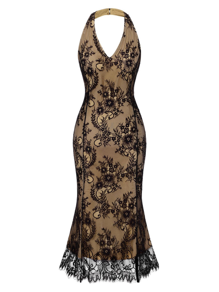 [Pre-Sale] Black 1930s Lace Embroidered Halter Backless Fishtail Dress