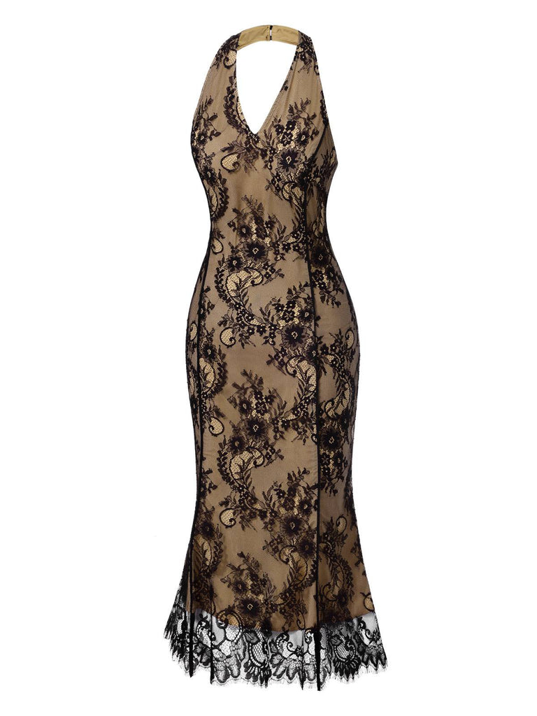 [Pre-Sale] Black 1930s Lace Embroidered Halter Backless Fishtail Dress