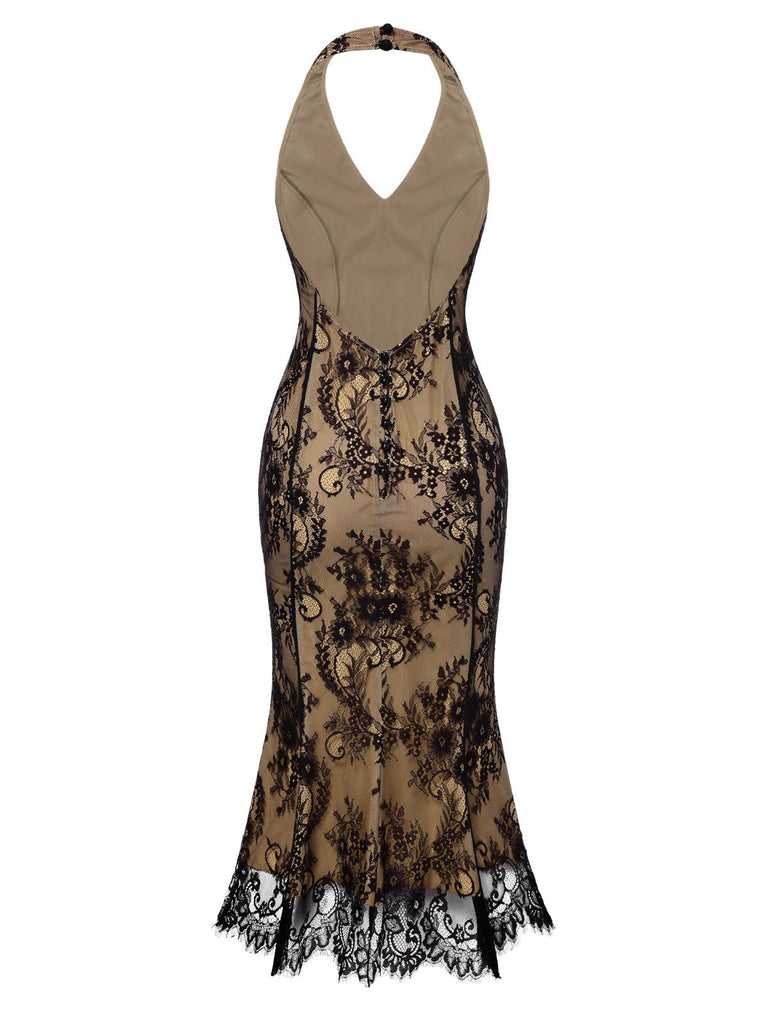 [Pre-Sale] Black 1930s Lace Embroidered Halter Backless Fishtail Dress